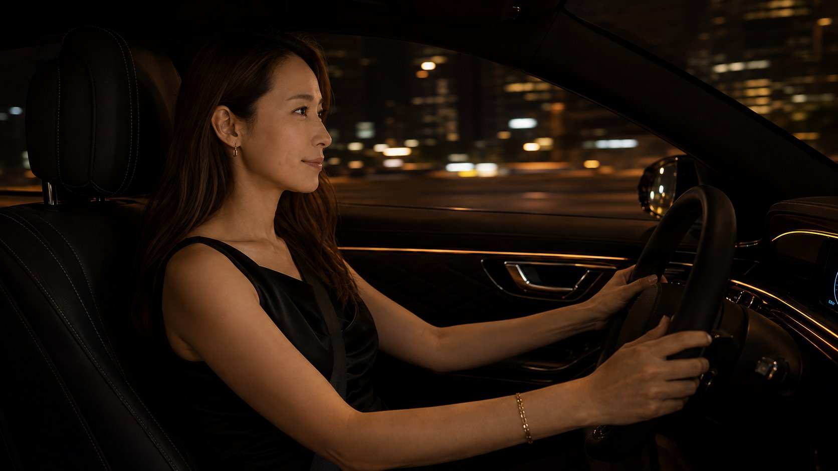 夜のドライブ中の車内。走行はDRIVE LOGに自動で記録されます