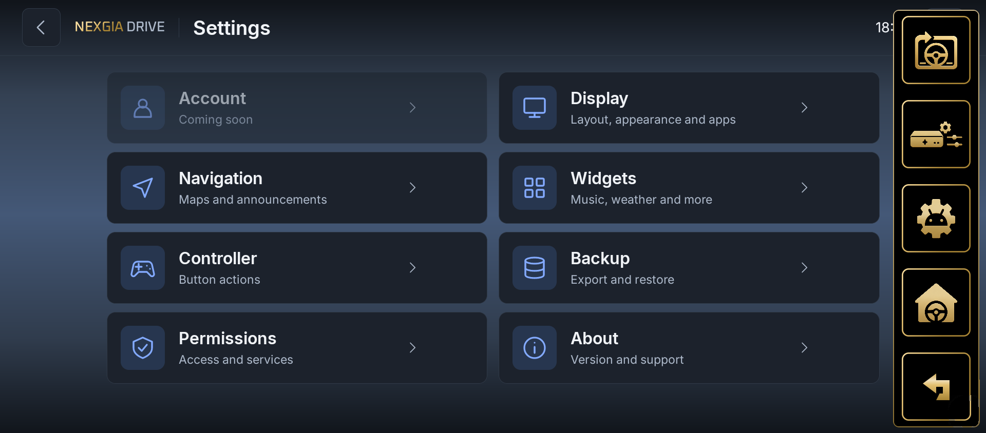 El menú superpuesto de 4 acciones de la pantalla de configuración